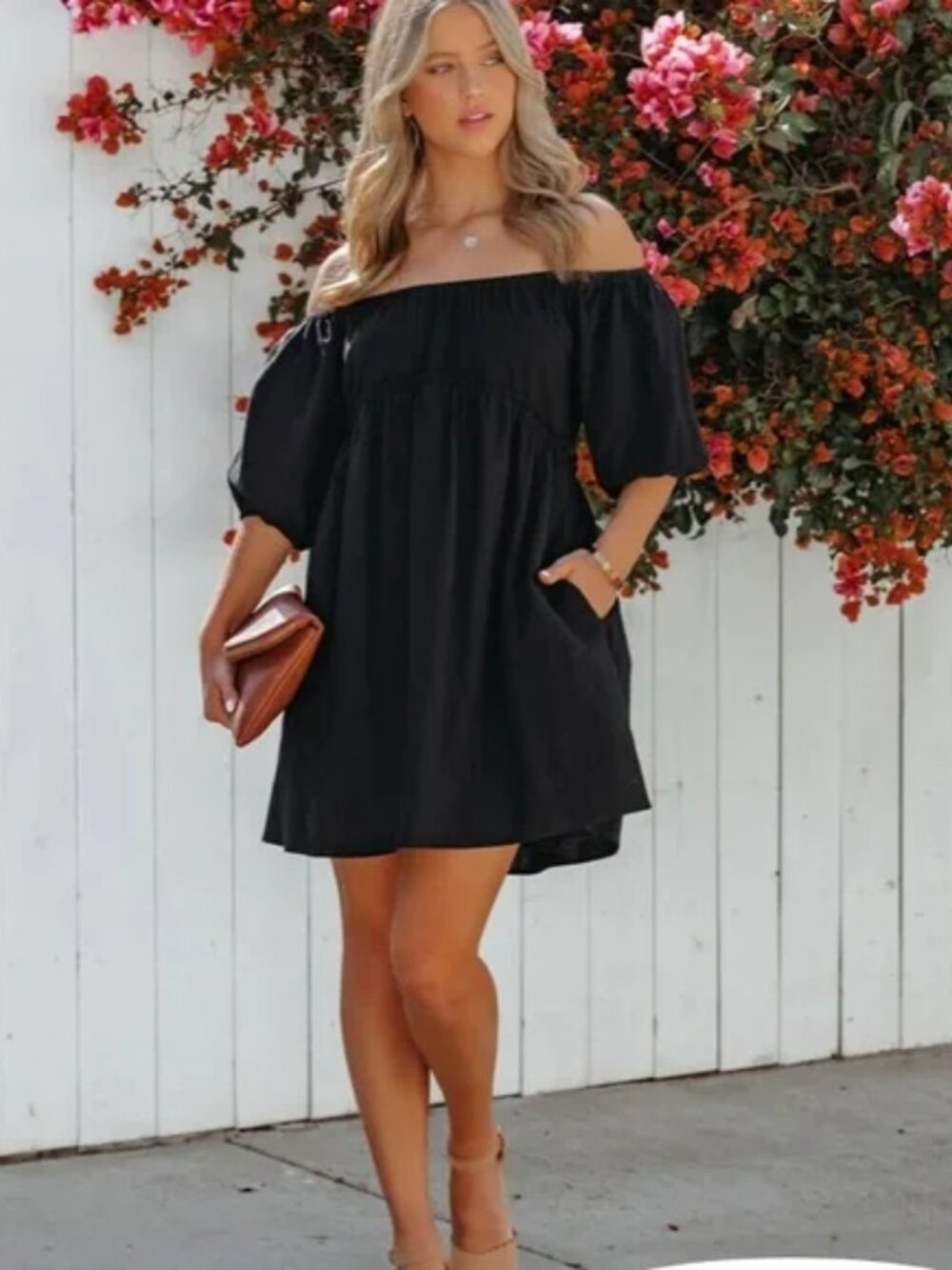 VICI Black Babydoll Off the Shoulder Short Sleeve Mini Dress - SZ L